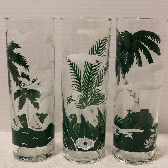 3 Vintage Libbey Tom Collins Cocktail Glasses Tropical Island Palm Tree Glasses - Picture 7 of 9